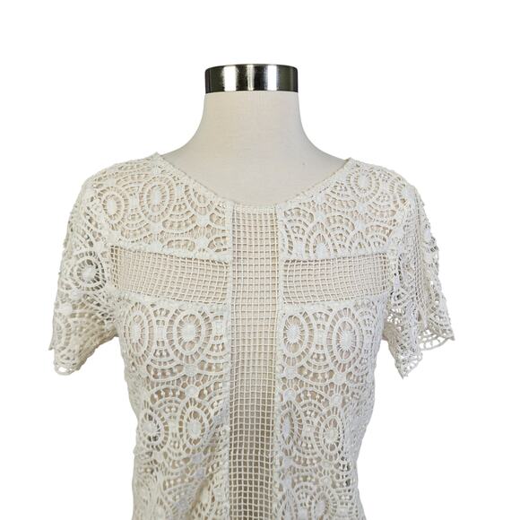 Daniel Rainn Womens Crochet Lace Blouse Size XS White Sheer Bohemian Cottage - Picture 2 of 10